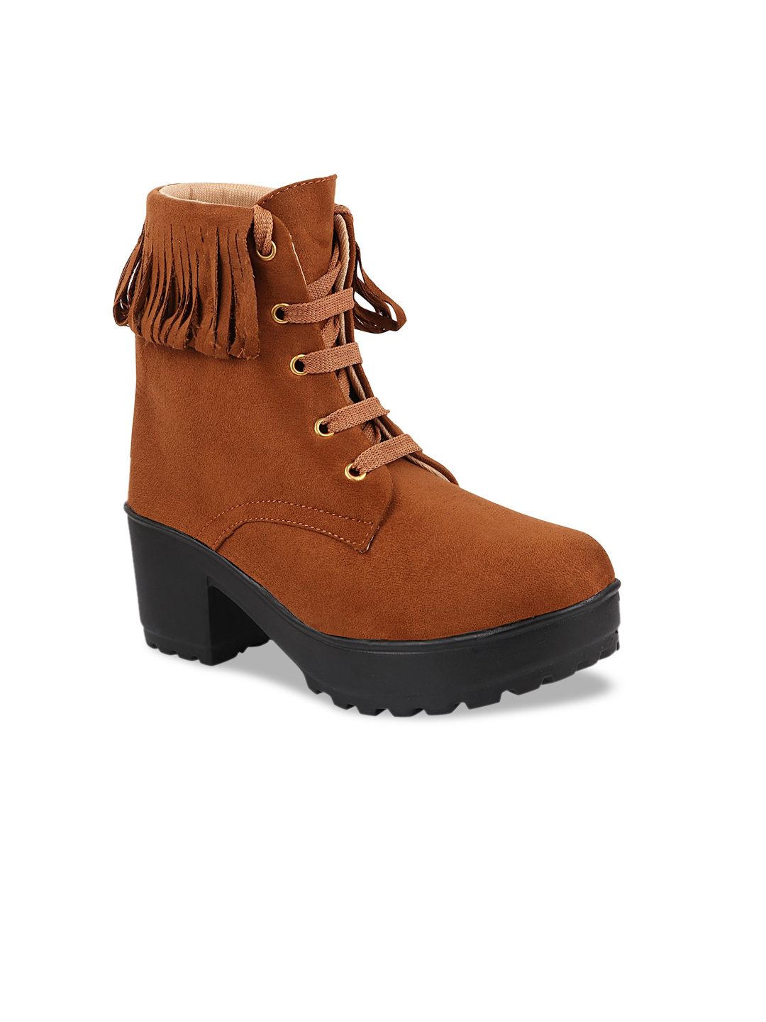 Shoetopia Tan Suede Block Heeled Boots with Tassels Price in India