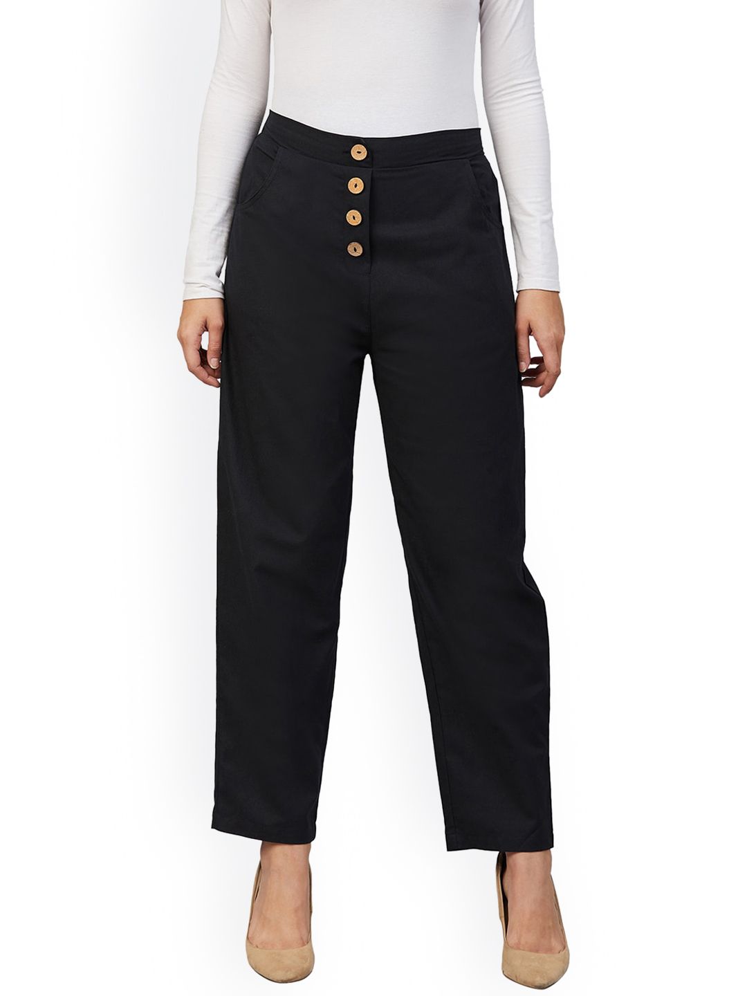 Orchid Blues Women Black High-Rise Trousers Price in India