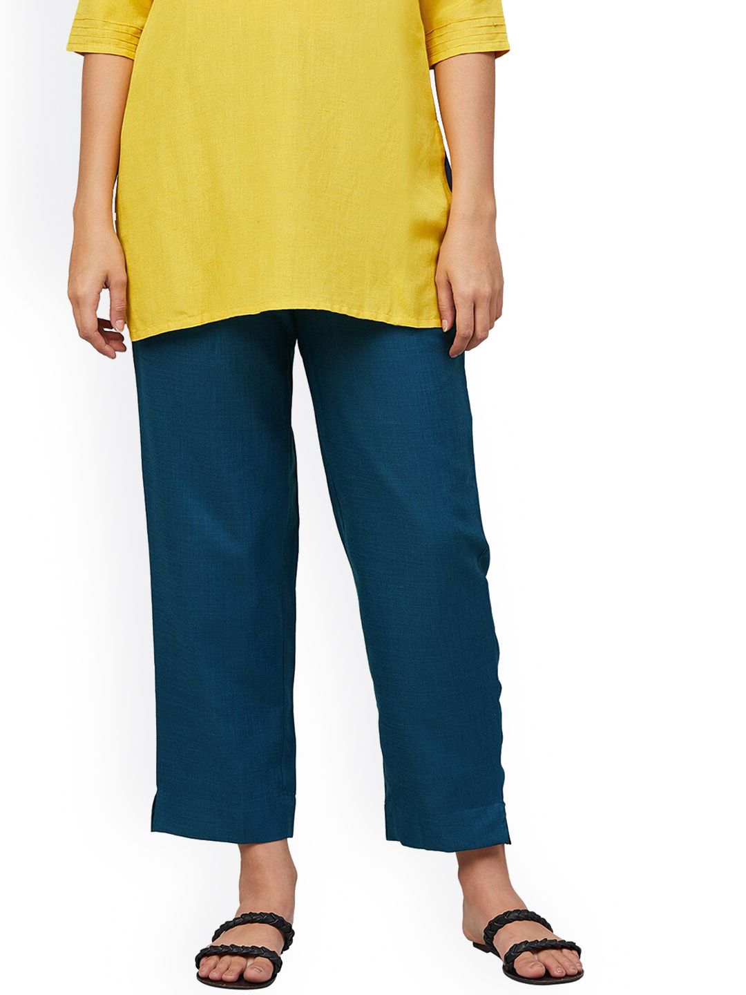 Orchid Blues Women Navy Blue Tapered Fit High-Rise Trousers Price in India