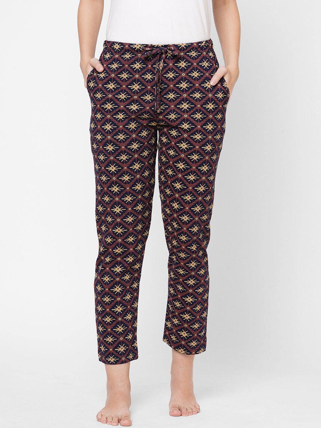 URBAN SCOTTISH Women Black & Brown Printed Pure Cotton Lounge Pants Price in India