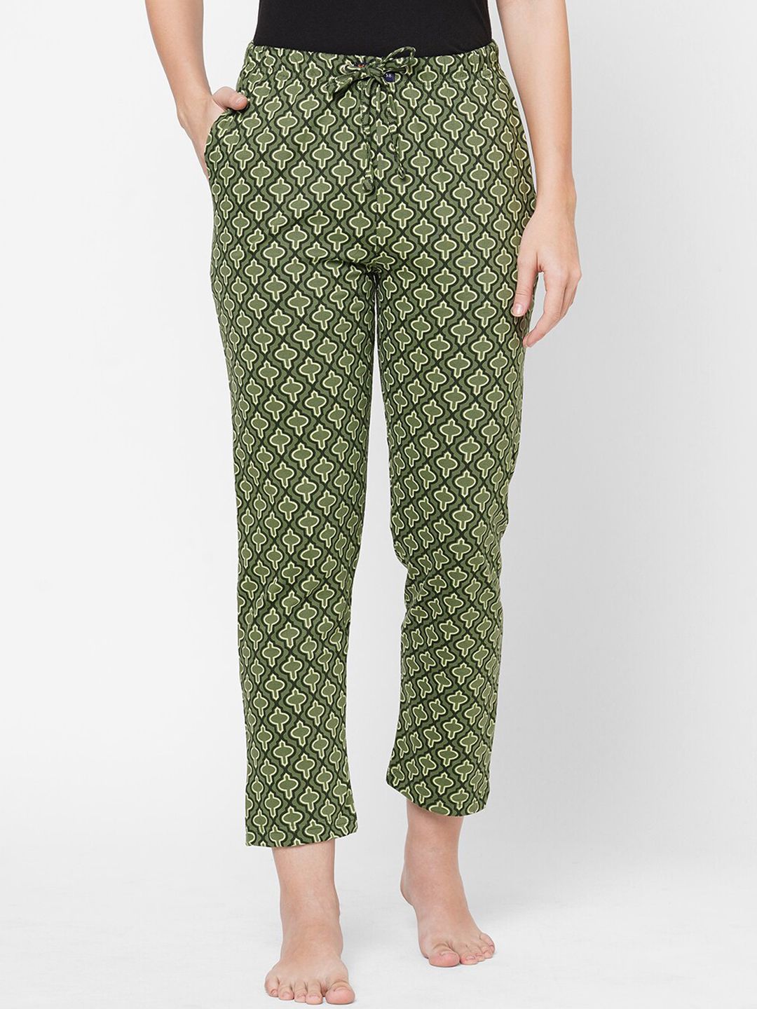 URBAN SCOTTISH Women Green & Black Printed Pure Cotton Lounge Pants Price in India