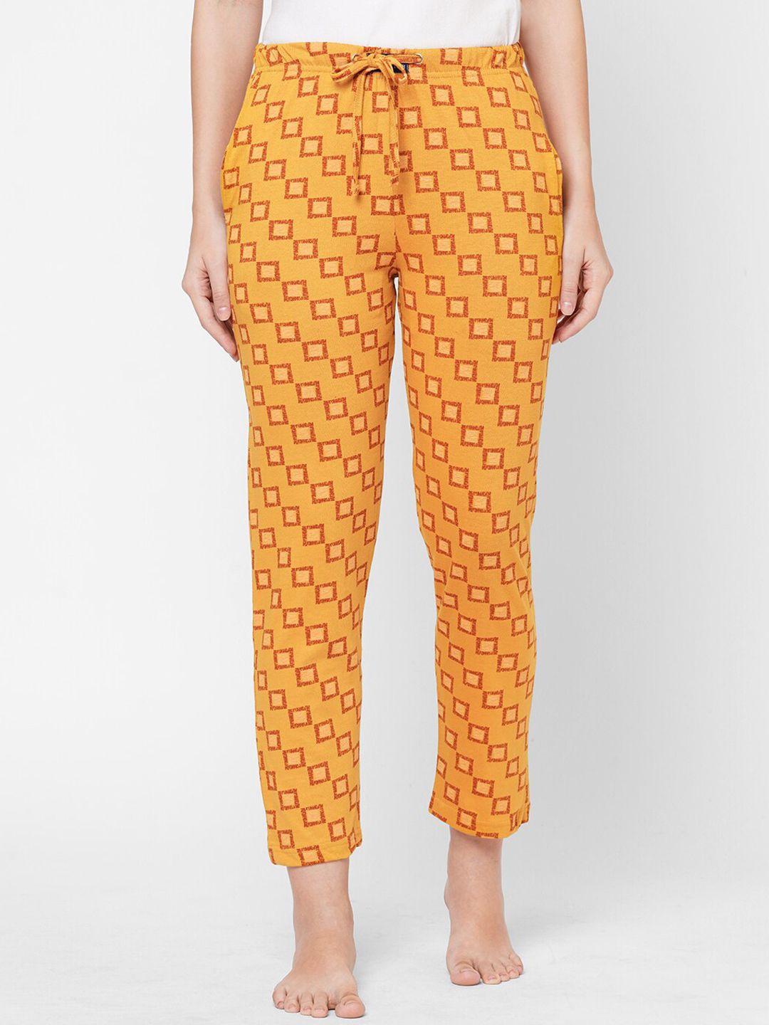 URBAN SCOTTISH Women Mustard Yellow & Orange Printed Pure Cotton Lounge Pants Price in India