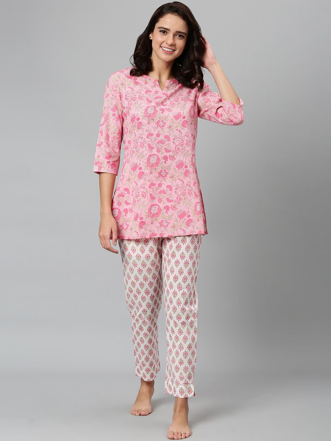 Khushal K Women Pink & White Printed Pure Cotton Night suit Price in India