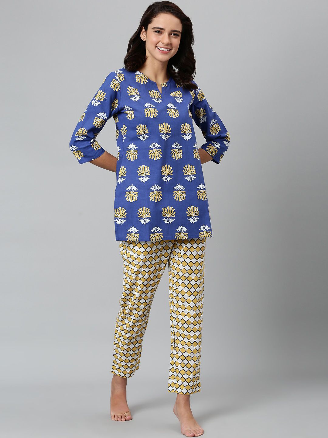 Khushal K Women Blue & Yellow Printed Pure Cotton Night suit Price in India