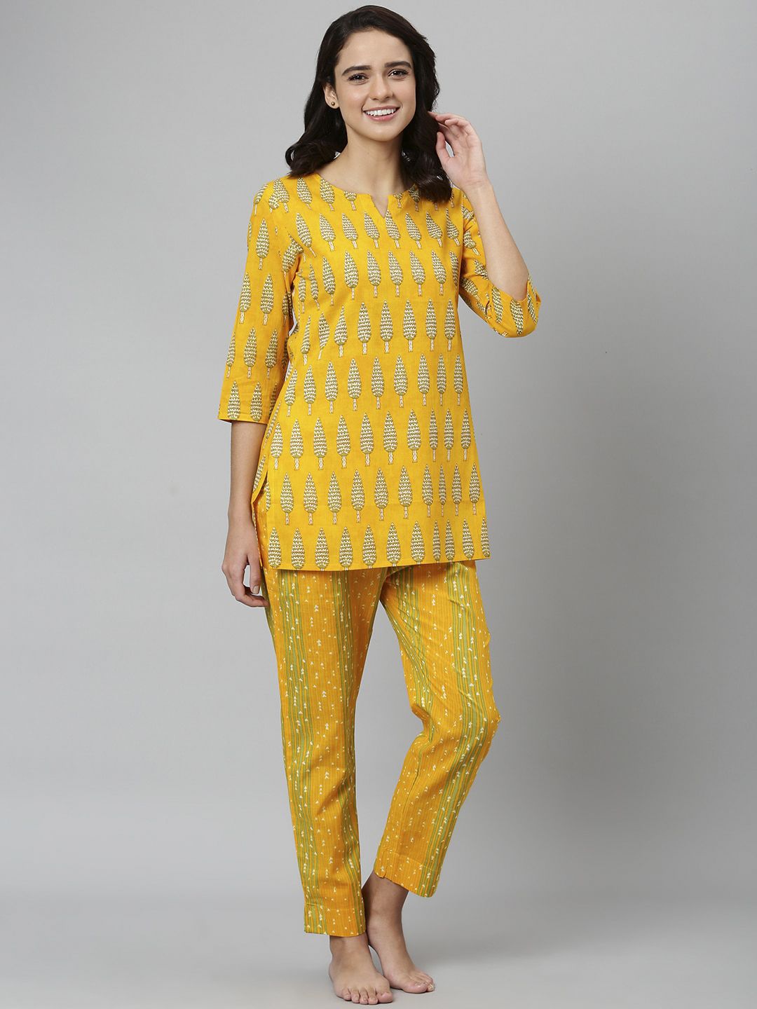 Khushal K Women Yellow & Green Printed Pure Cotton Night Suit Price in India