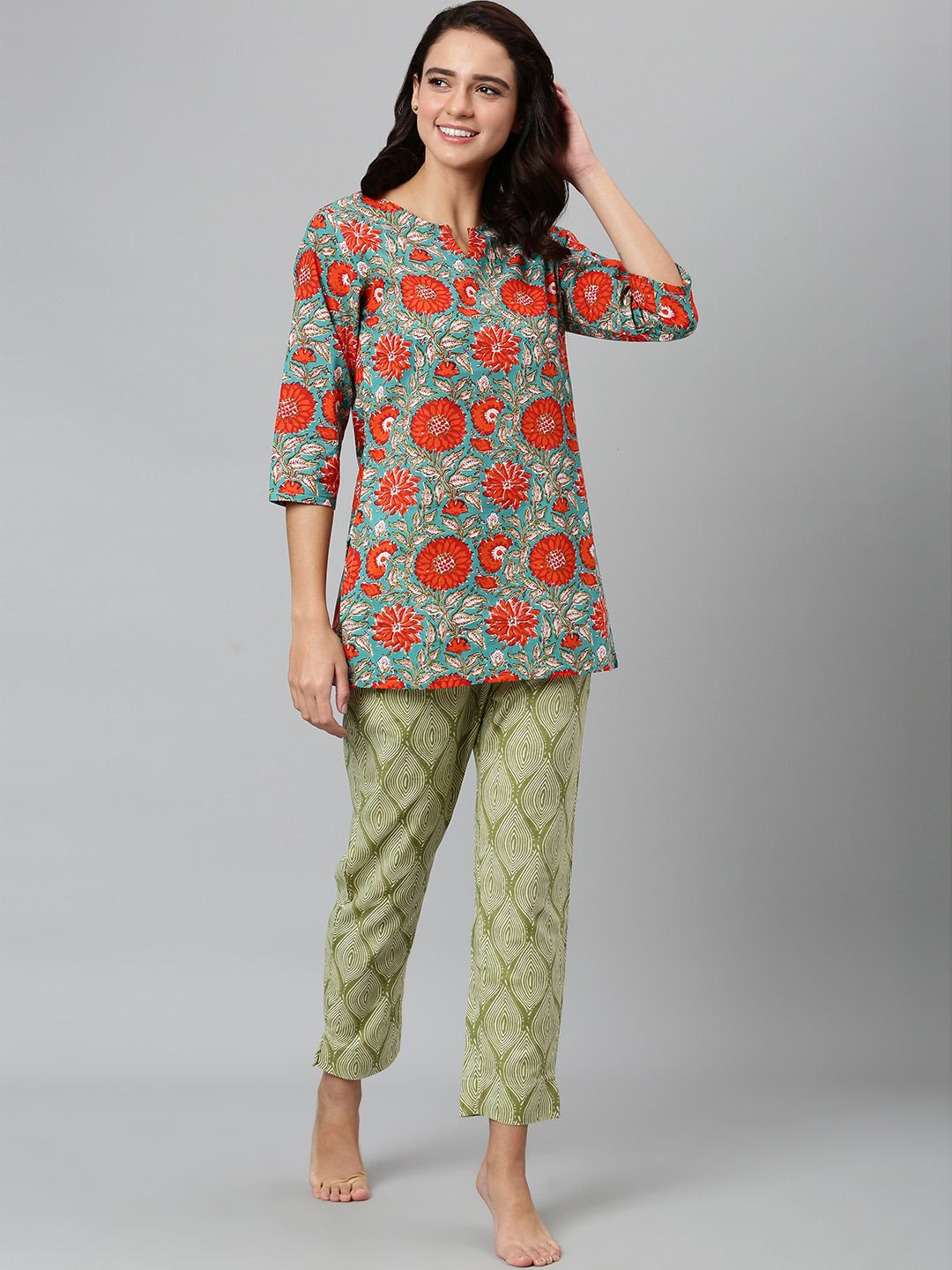 Khushal K Olive Green & Red Printed Pure Cotton Night suit Price in India