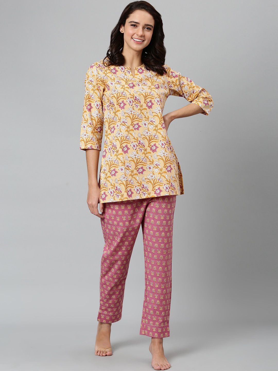 Khushal K Women Yellow & Pink Printed Night suit Price in India