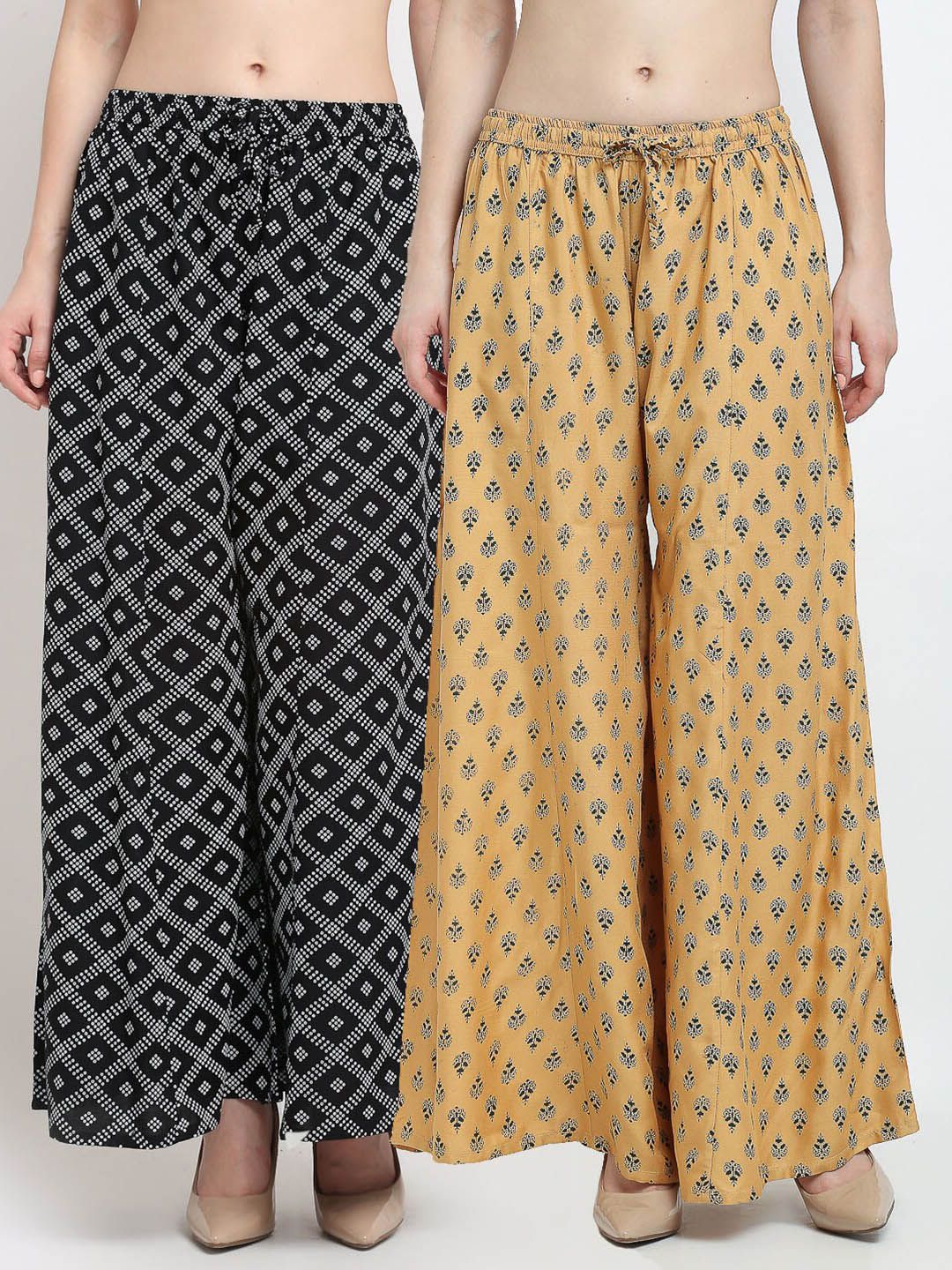 GRACIT Women Black & Gold-Toned Pack of 2 Ethnic Motifs Printed Flared Ethnic Palazzos Price in India