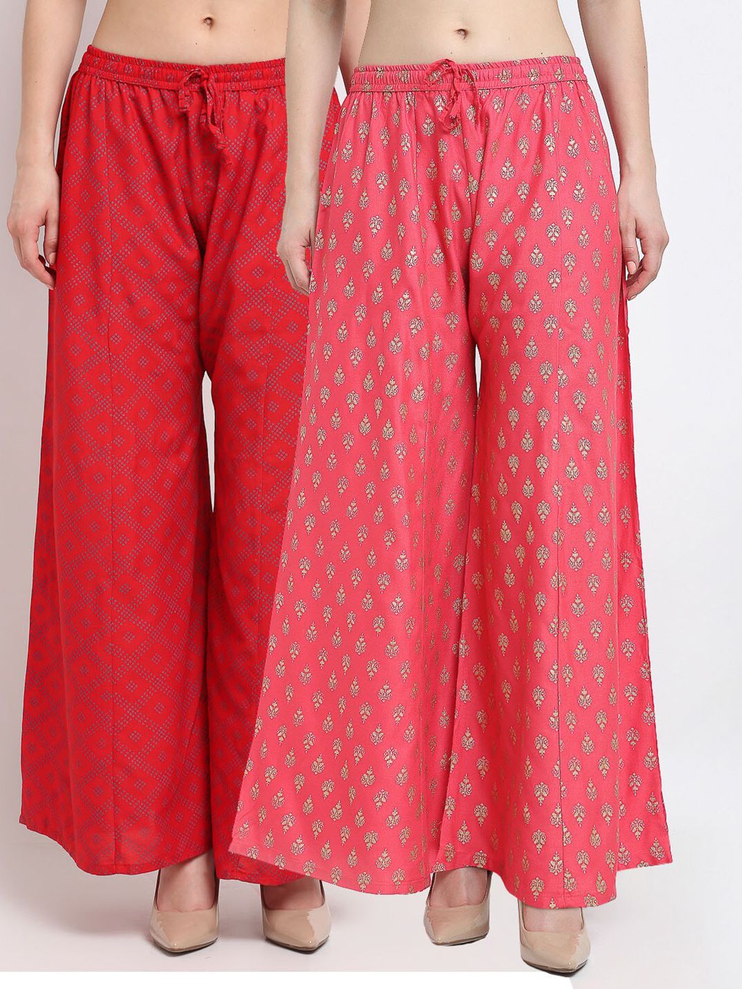 GRACIT Women Red & Gold-Toned 2 Ethnic Motifs Printed Flared Knitted Palazzos Price in India