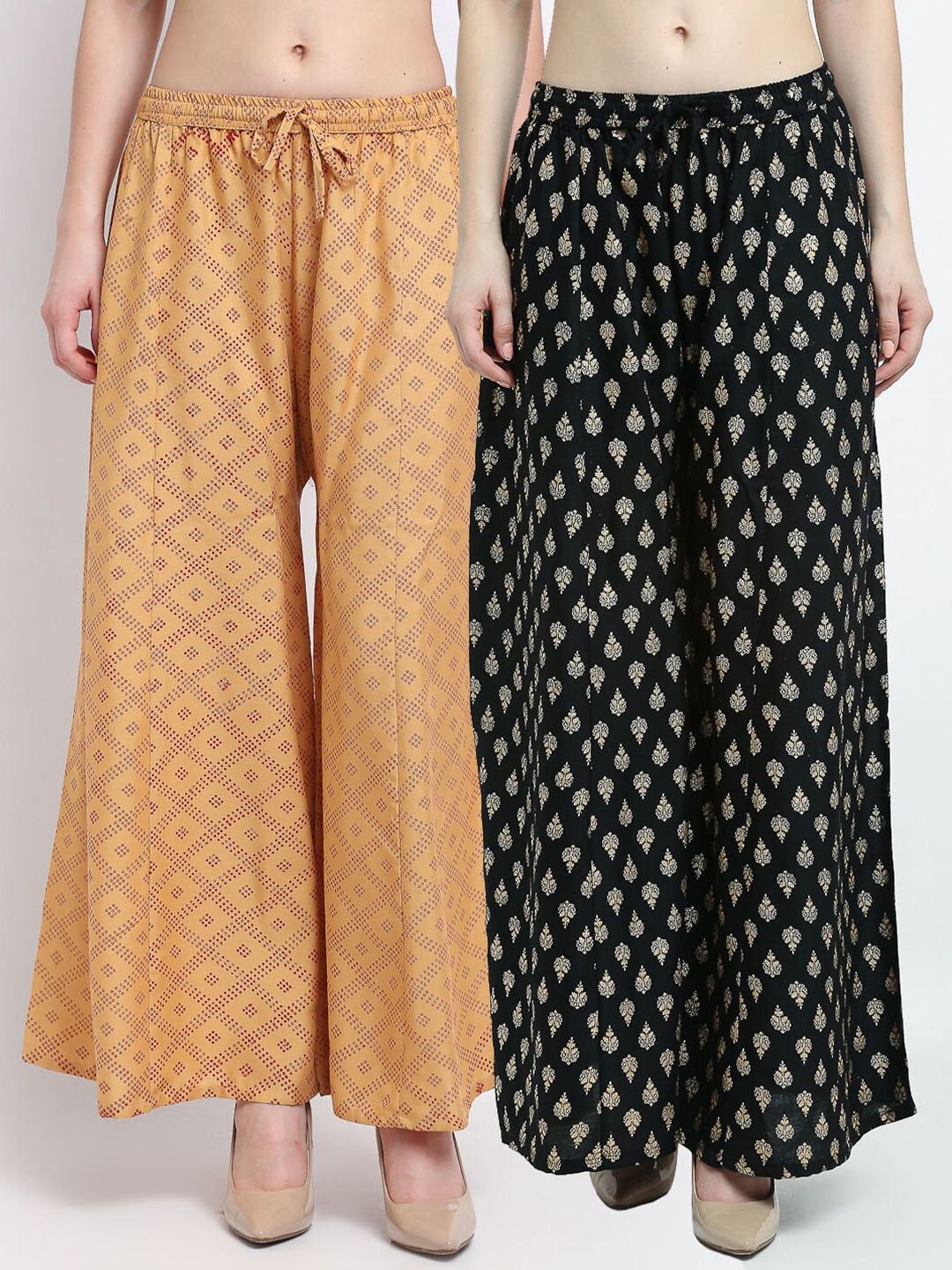 GRACIT Woman Pack of 2 Beige & Black Ethnic Motifs Printed Flared Palazzos Price in India