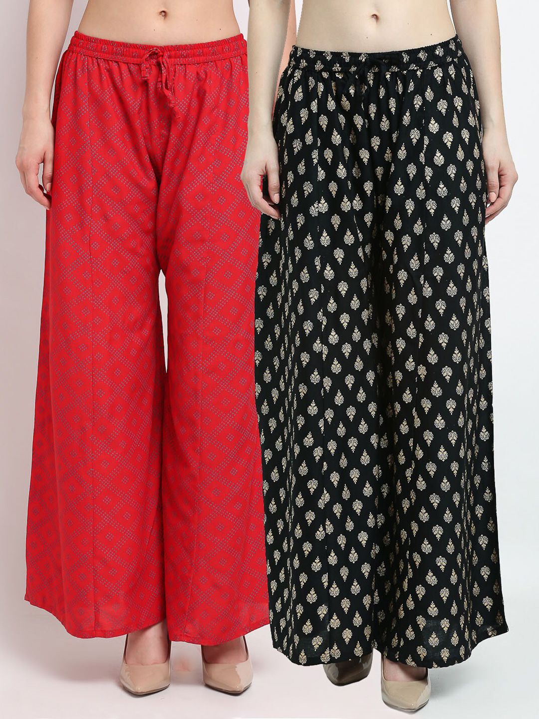 GRACIT Women Set of 2 Red & Black Ethnic Motifs Printed Flared Ethnic Palazzos Price in India