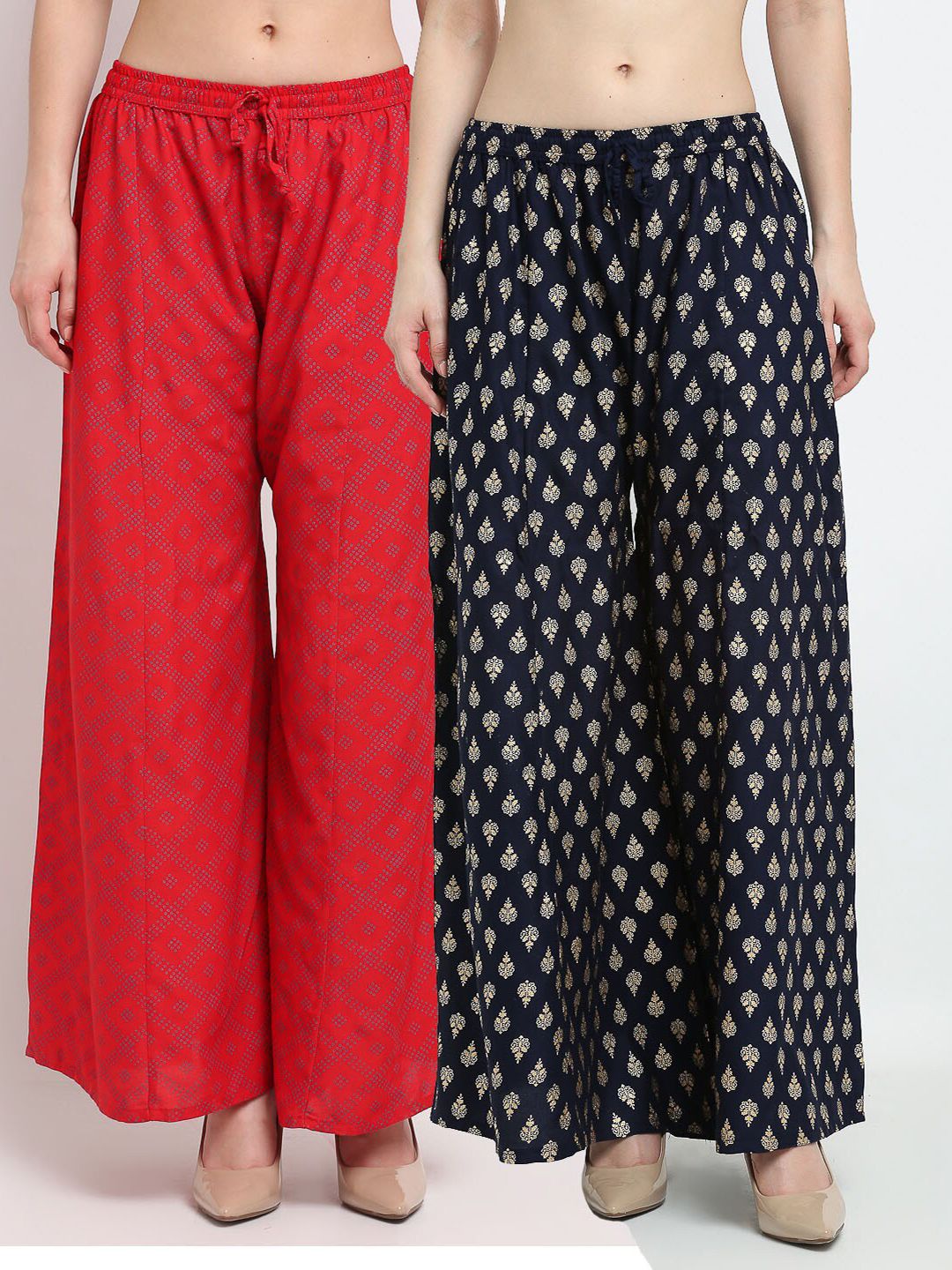 GRACIT Women Pack Of 2 Red & Navy Blue Printed Flared Knitted Ethnic Palazzos Price in India