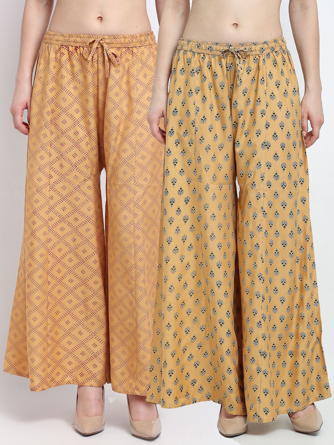 GRACIT Women Beige Pack of 2 Ethnic Motifs Block Printed Flared Ethnic Palazzos Price in India