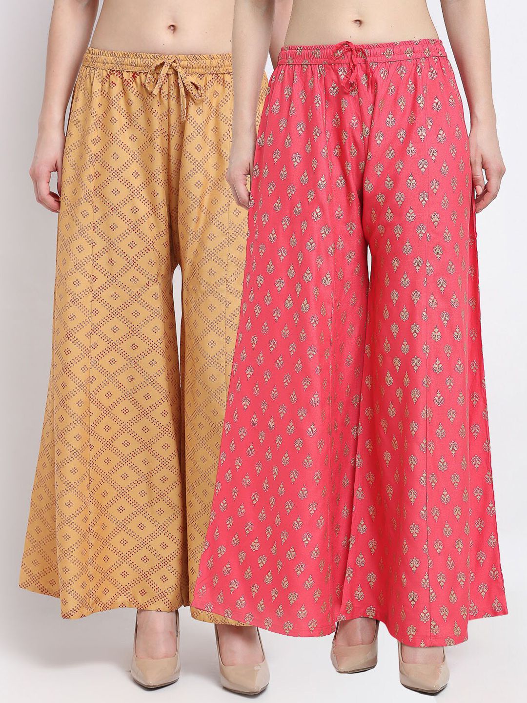 GRACIT Women Beige & Pink Pack of 2 Ethnic Motifs Printed Flared Knitted Ethnic Palazzos Price in India