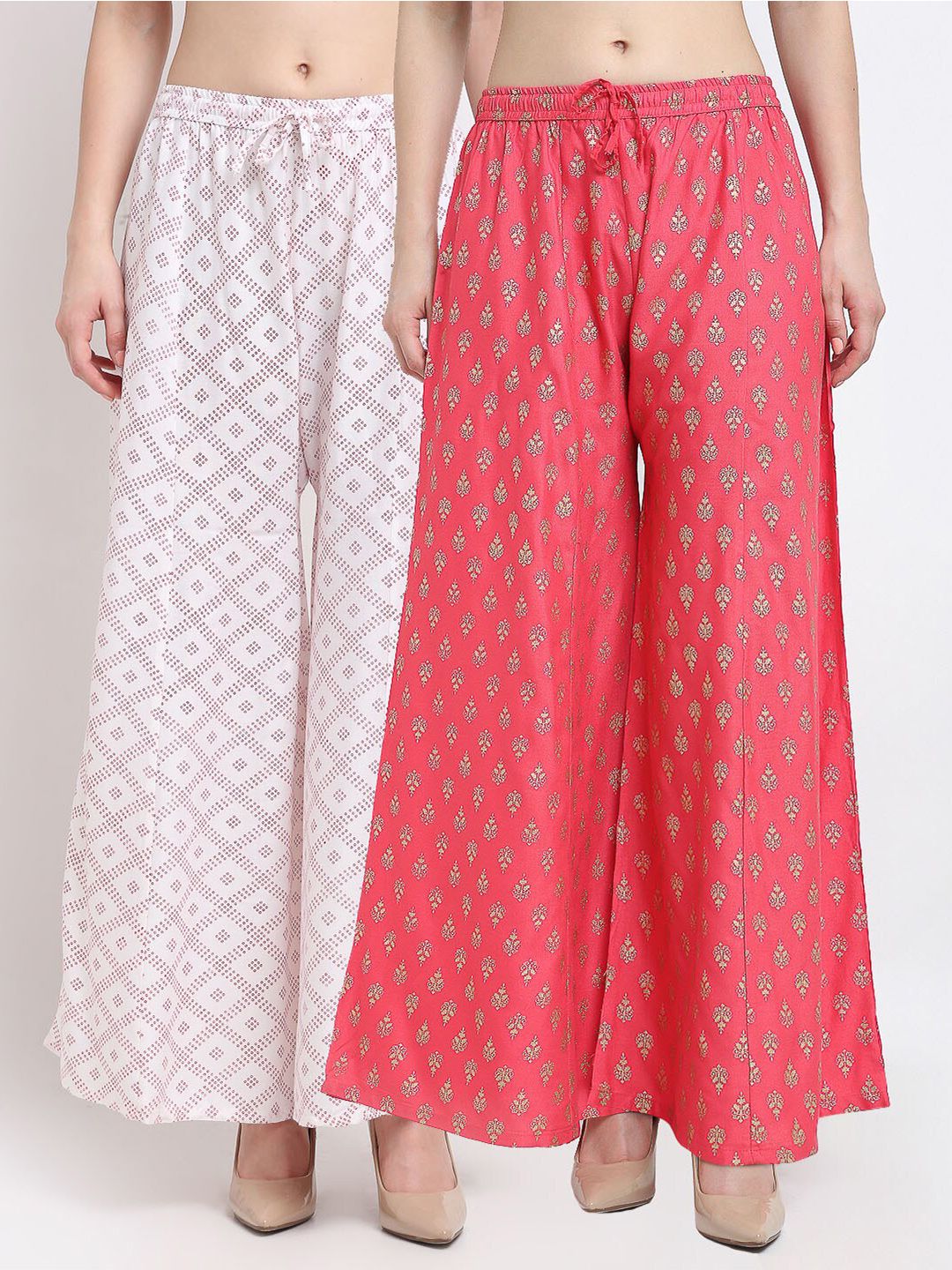 GRACIT Women White & Red 2 Ethnic Motifs Printed Flared Knitted Ethnic Palazzos Price in India