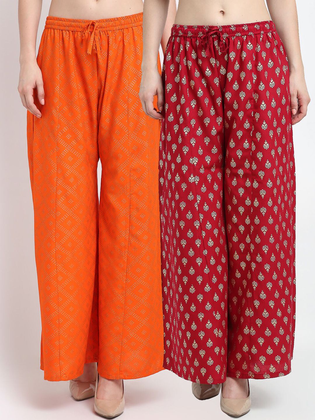 GRACIT Women Orange & Red 2 Printed Flared Knitted Ethnic Palazzos Price in India