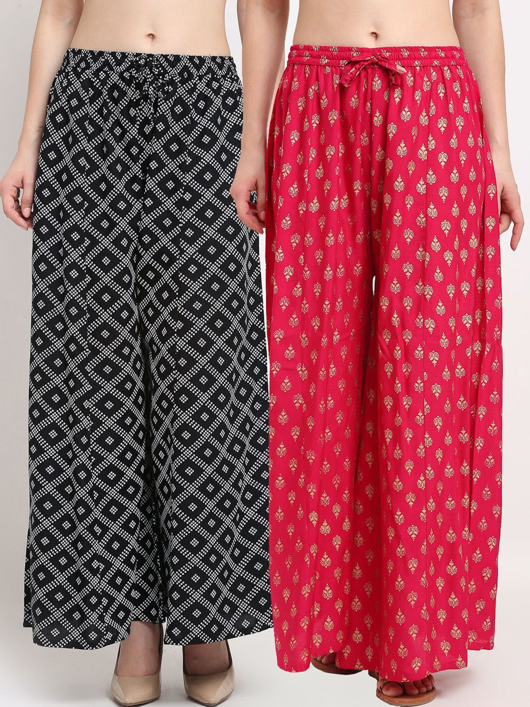 GRACIT Woman Pack of 2 Black & Pink Ethnic Motifs Printed Flared Ethnic Palazzos Price in India