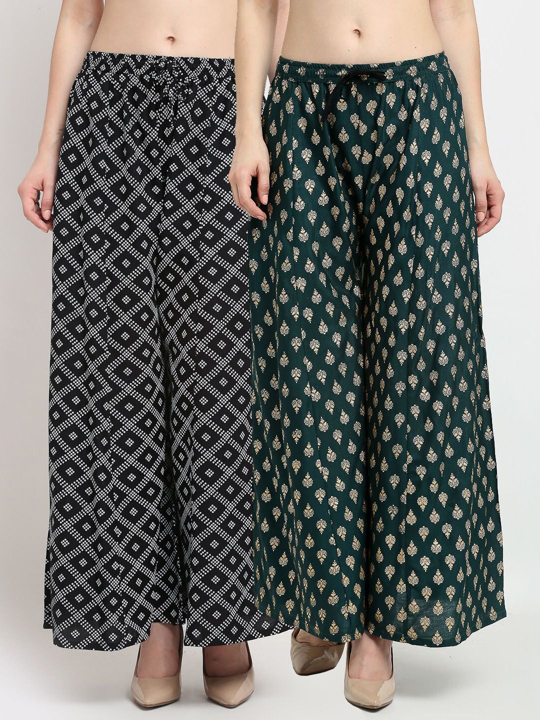 GRACIT Women Black & Green 2 Printed Flared Knitted Ethnic Palazzos Price in India