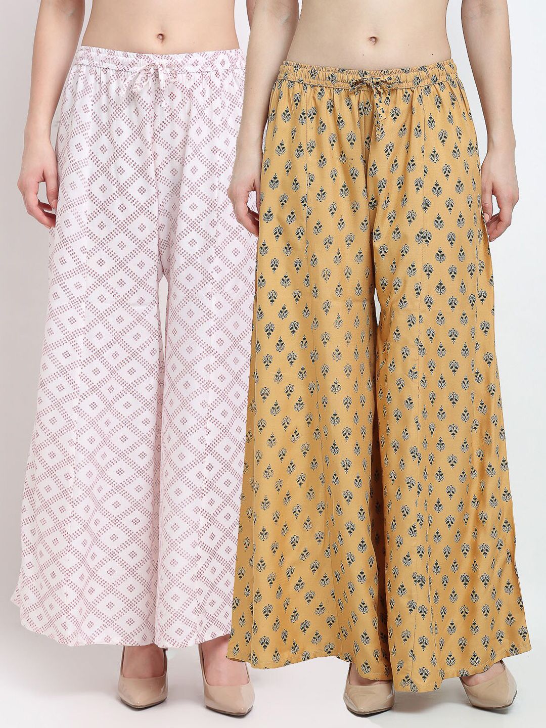 GRACIT Women Set of 2 White & Cream-Coloured Ethnic Motifs Printed Flared Palazzos Price in India