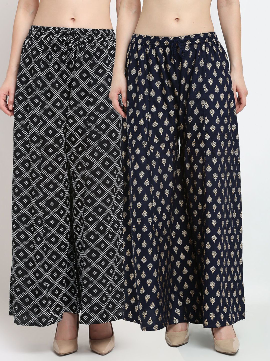 GRACIT Women Pack Of 2 Black & Navy Blue Printed Flared Knitted Ethnic Palazzos Price in India