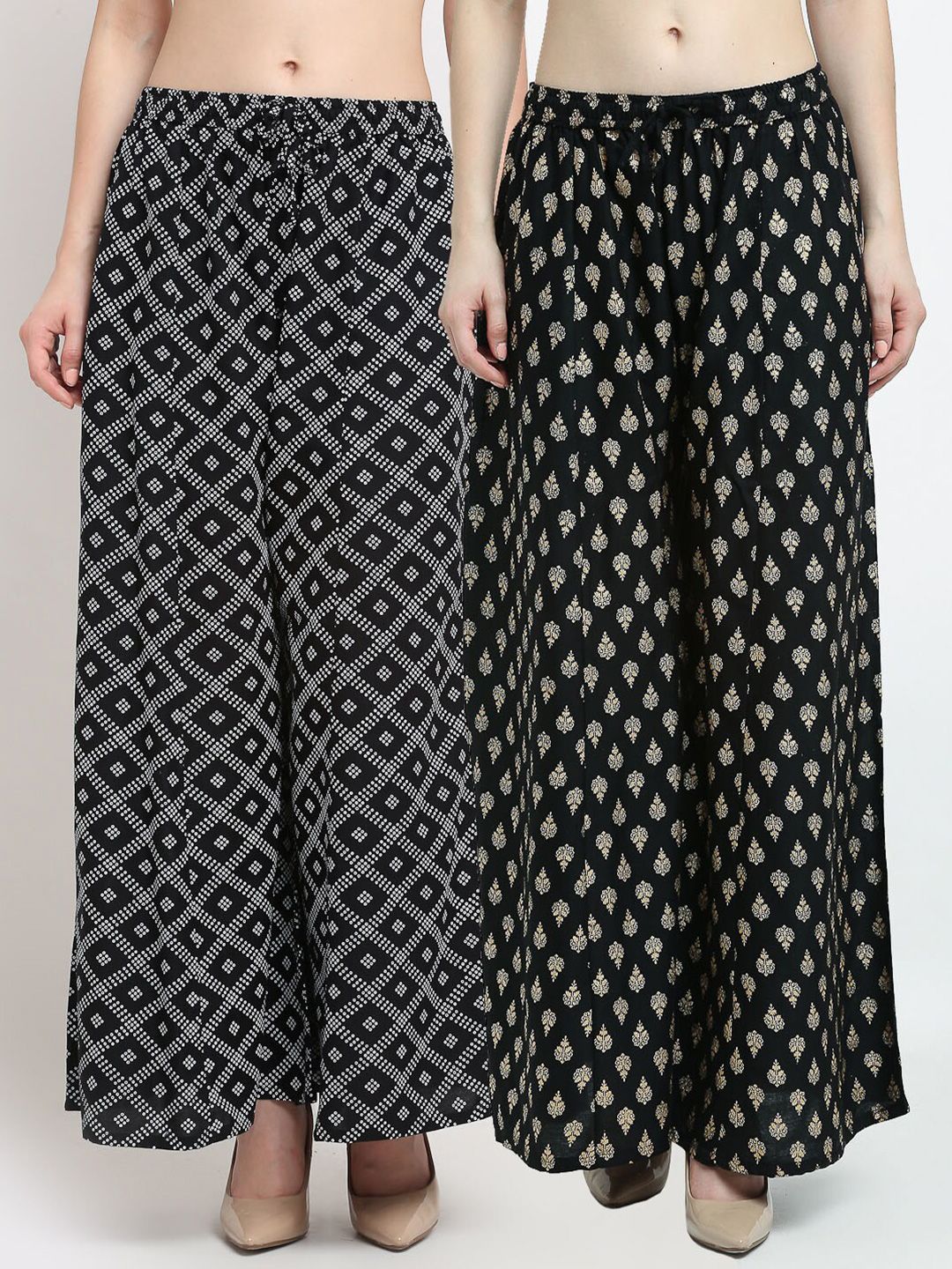 GRACIT Women Pack of 2 Black & White Ethnic Motifs Printed Flared Knitted Ethnic Palazzos Price in India