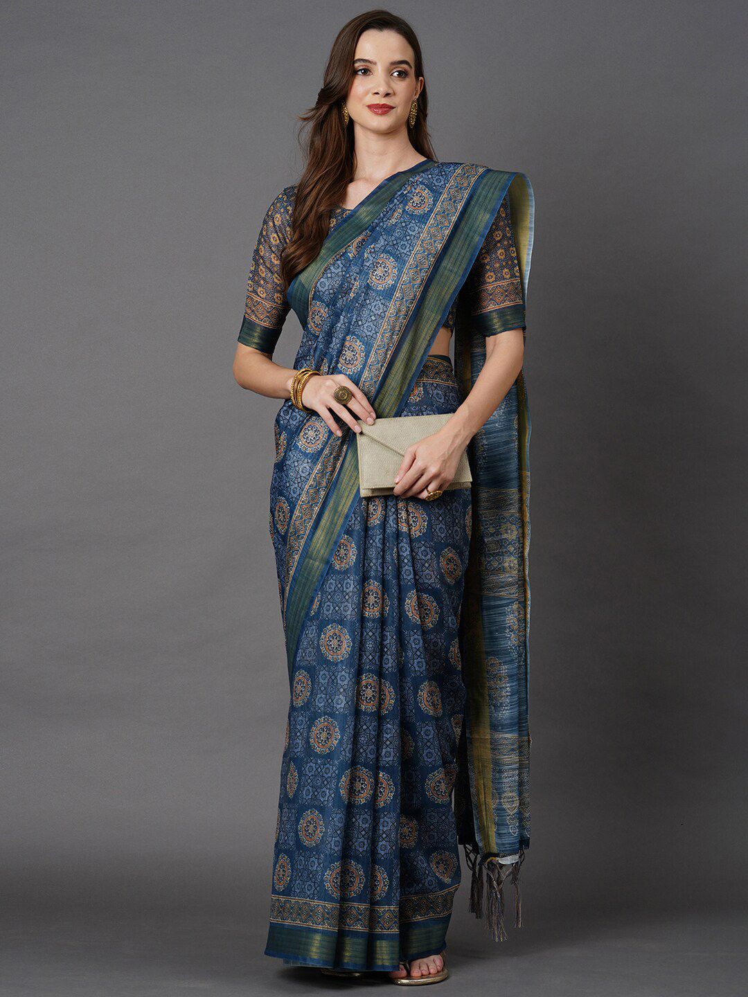 Mitera Blue & Brown Floral Printed Zari Linen Blend Saree Price in India