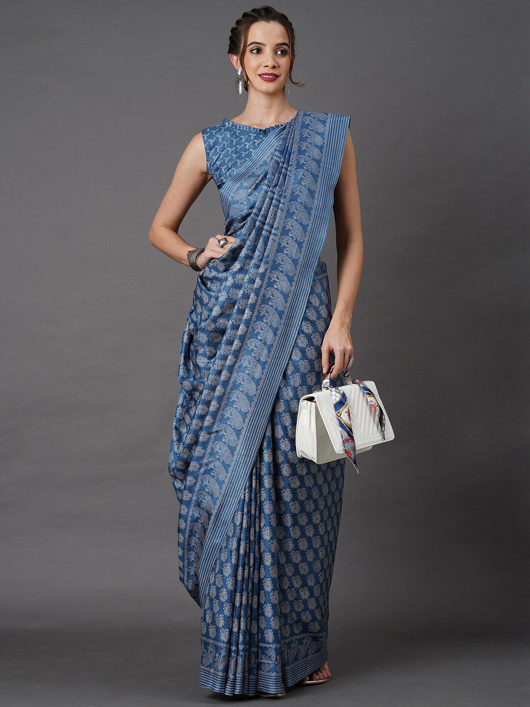 Mitera Blue & White Paisley Art Silk Saree Price in India