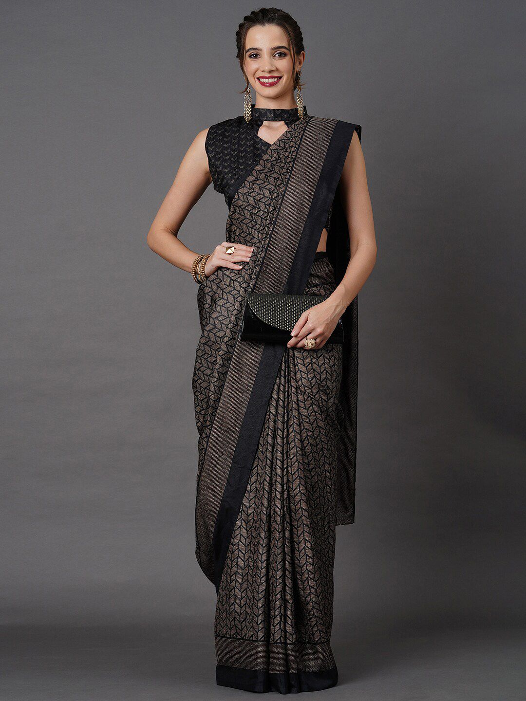 Mitera Black Printed Art Silk Saree Price in India