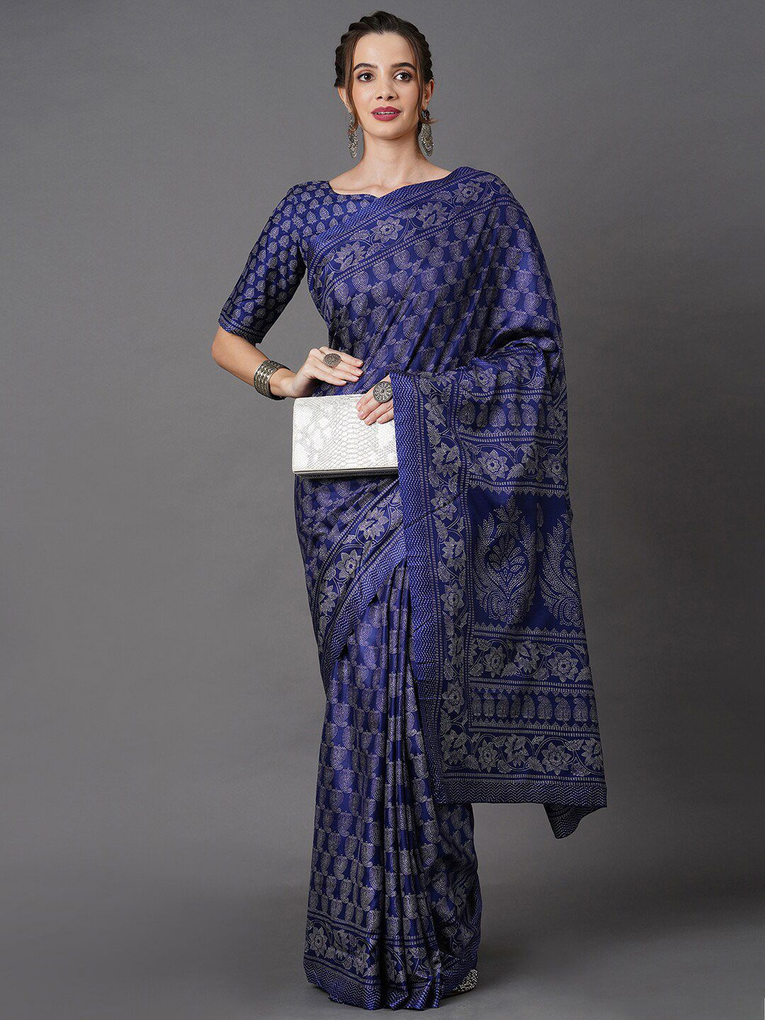 Mitera Navy Blue & White Ethnic Motifs Printed Art Silk Saree Price in India