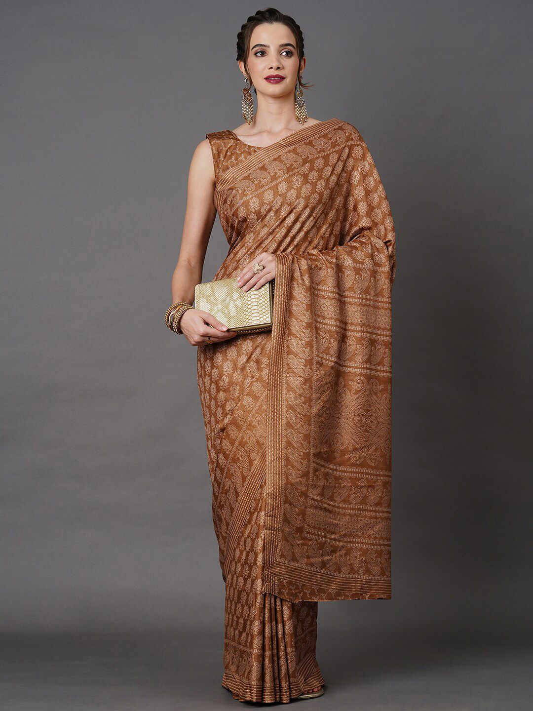 Mitera Brown & Gold-Toned Floral Art Silk Saree Price in India