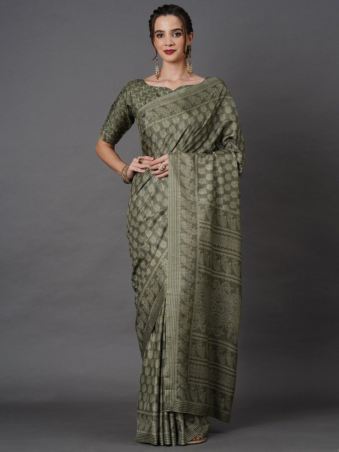 Mitera Olive Green Floral Art Silk Saree Price in India