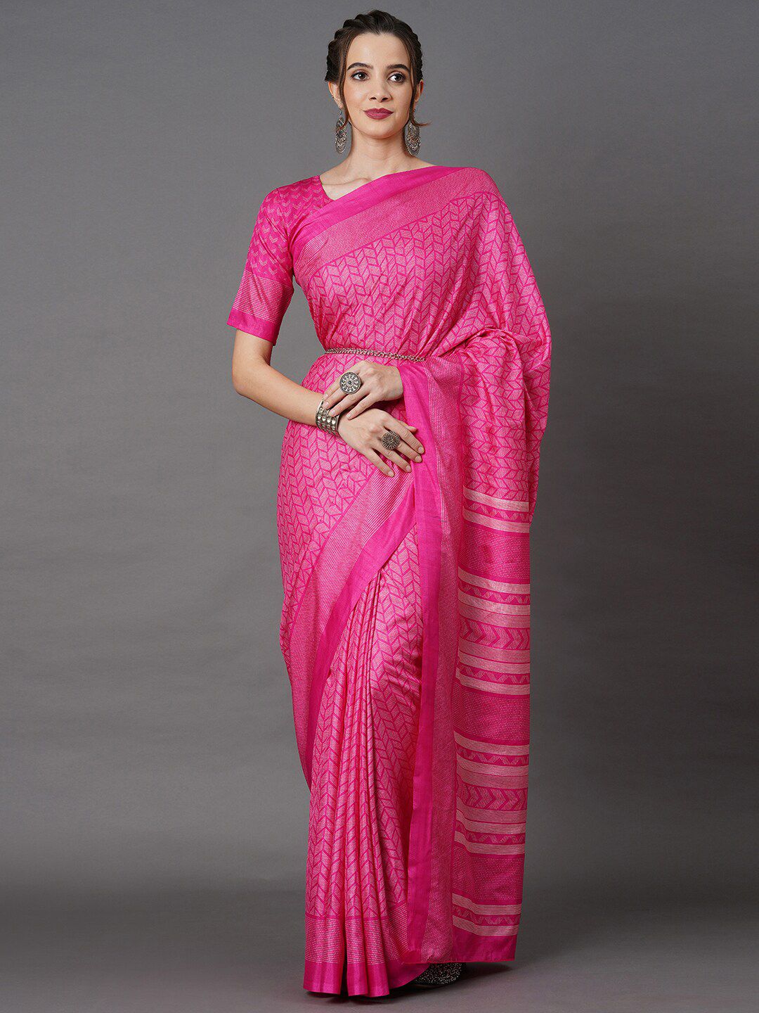 Mitera Pink & White Printed Art Silk Saree Price in India