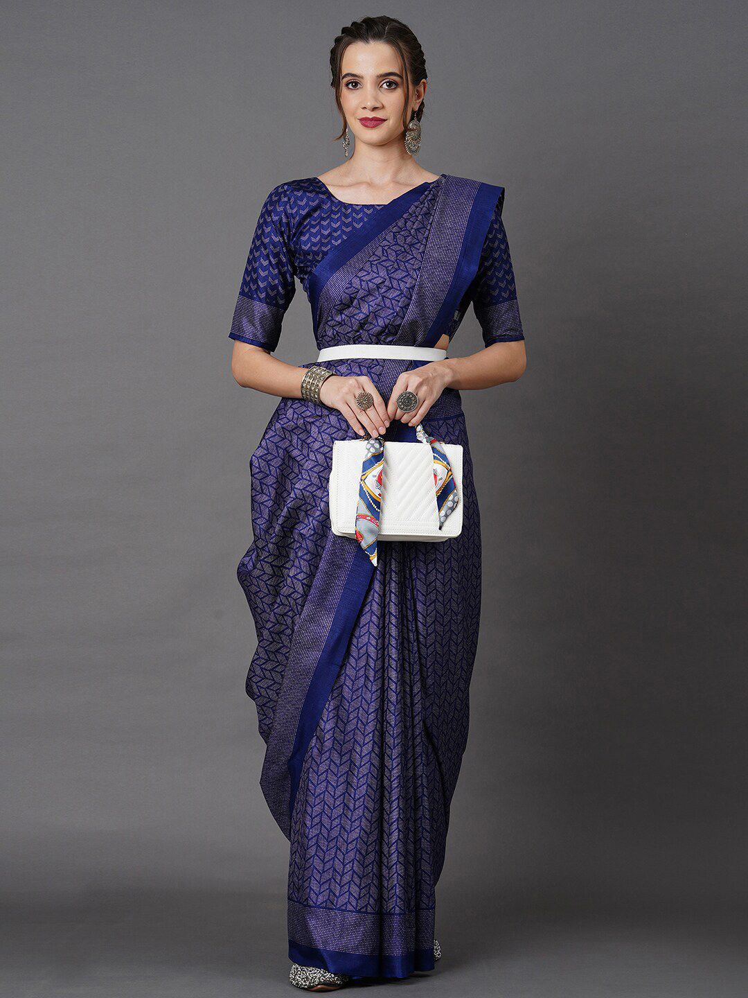 Mitera Navy Blue & White Art Silk Saree Price in India