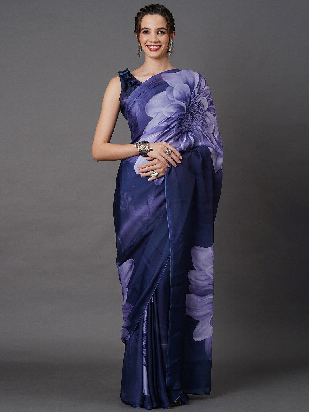 Mitera Navy Blue Floral Satin Saree Price in India