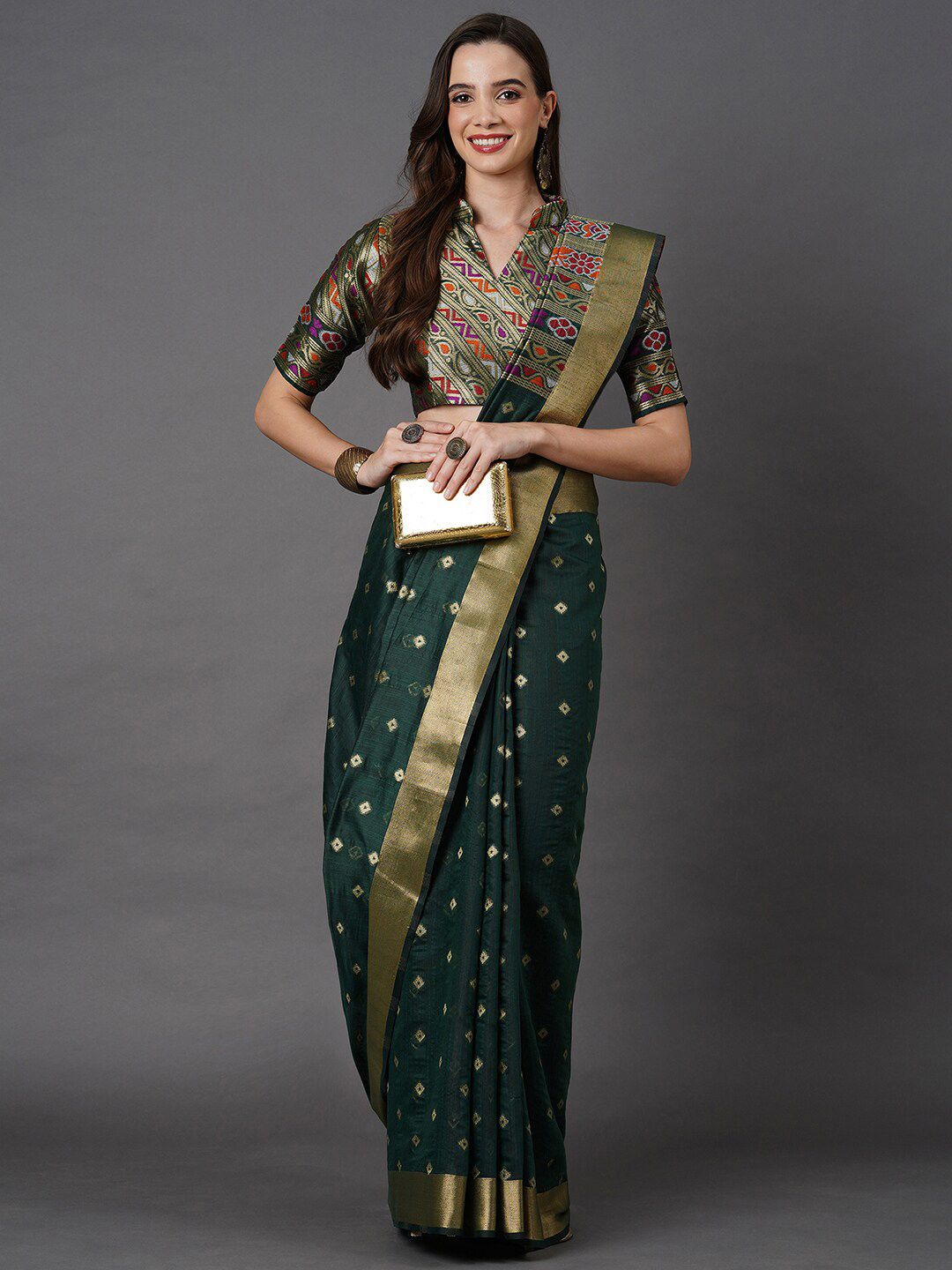 Mitera Green & Gold-Coloured Ethnic Motifs Zari Silk Cotton Saree Price in India