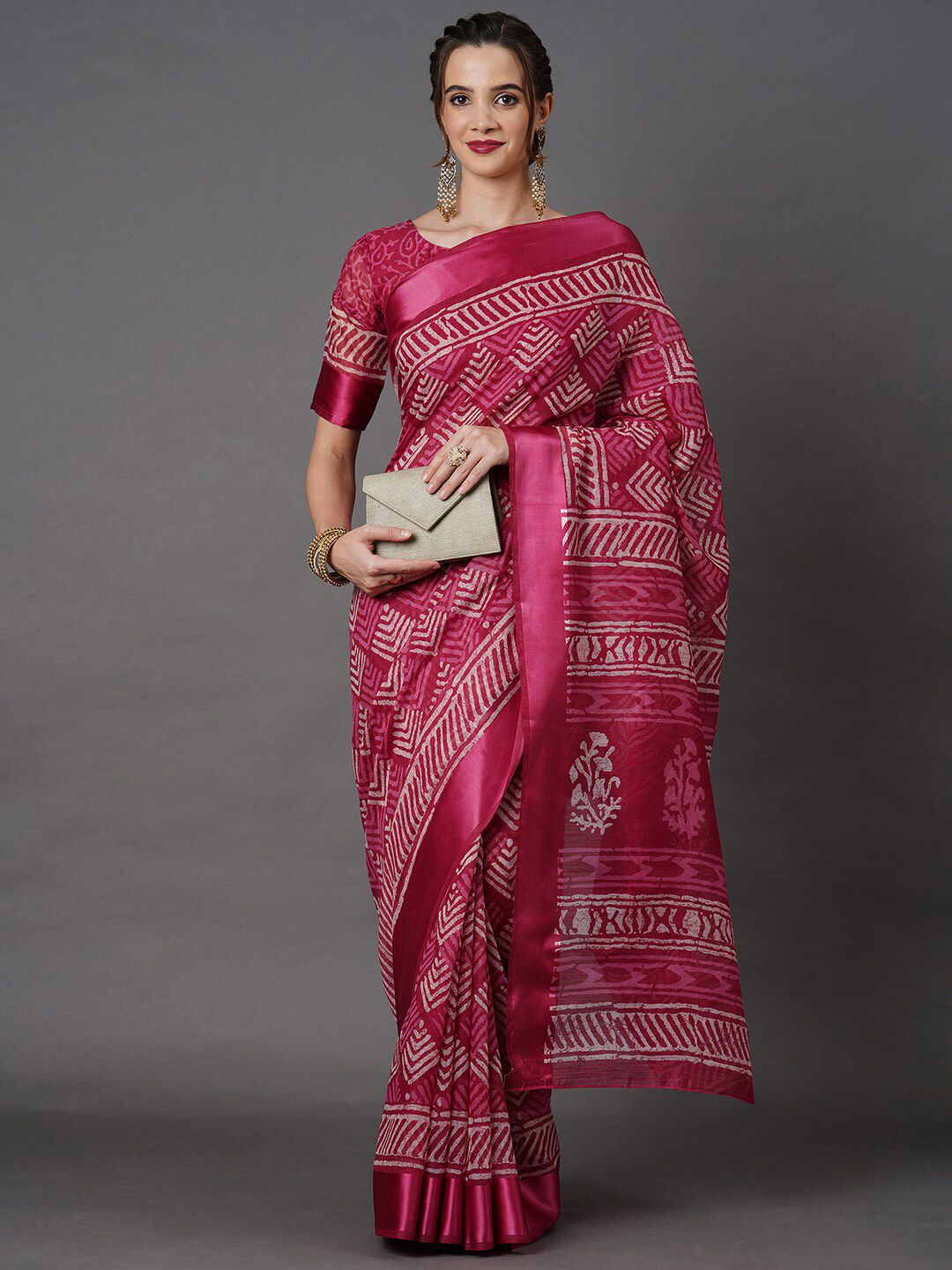 Mitera Magenta & White Printed Saree Price in India