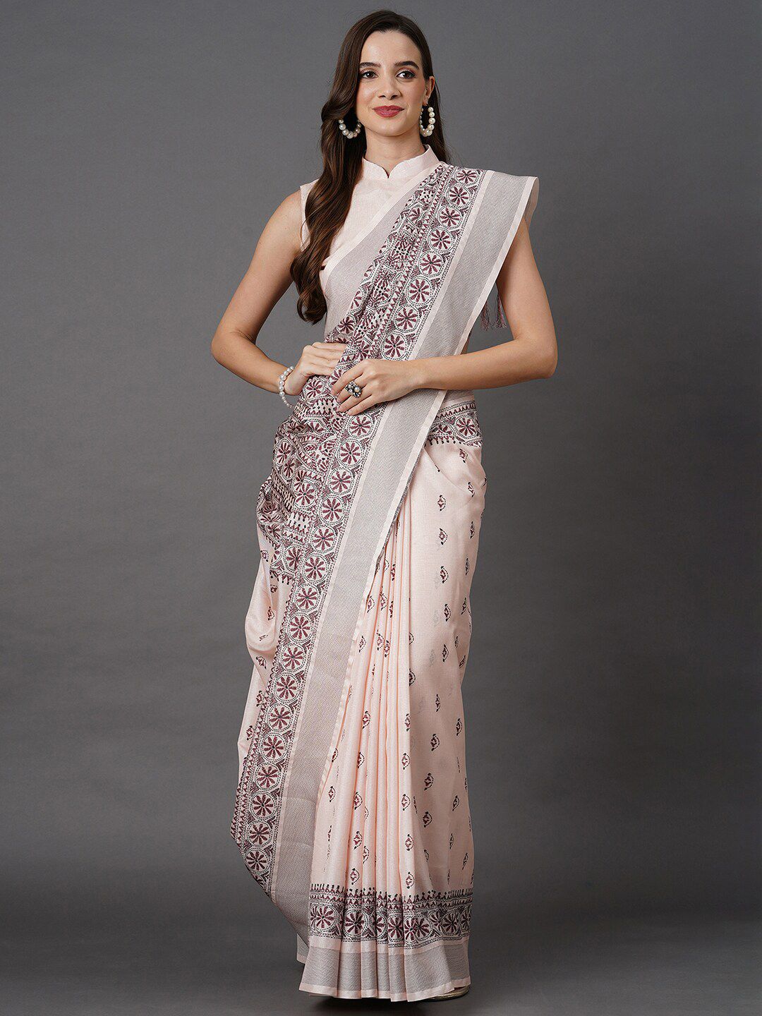 Mitera Beige & Brown Floral Art Silk Saree Price in India