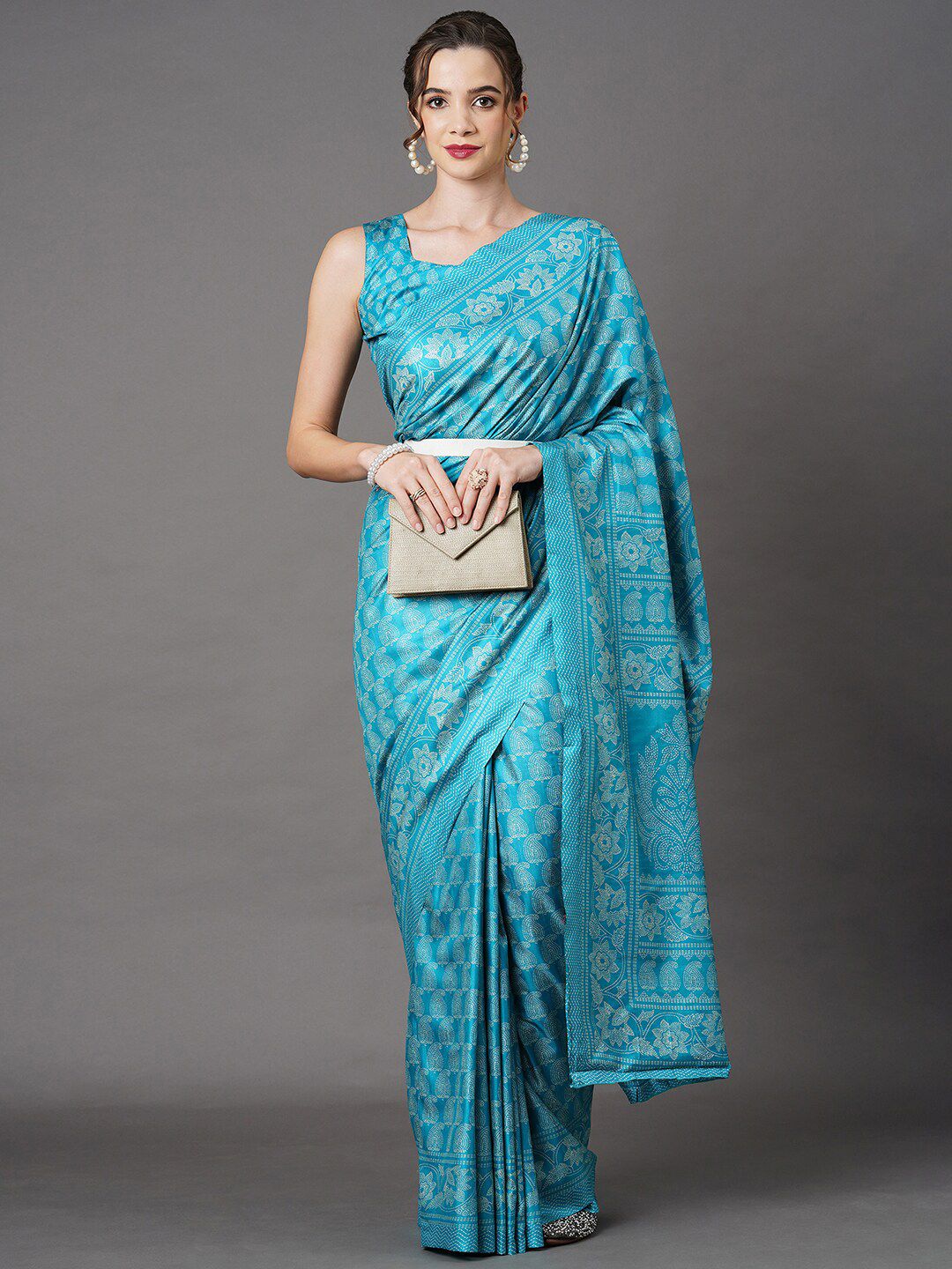 Mitera Turquoise Blue & White Floral Art Silk Saree Price in India