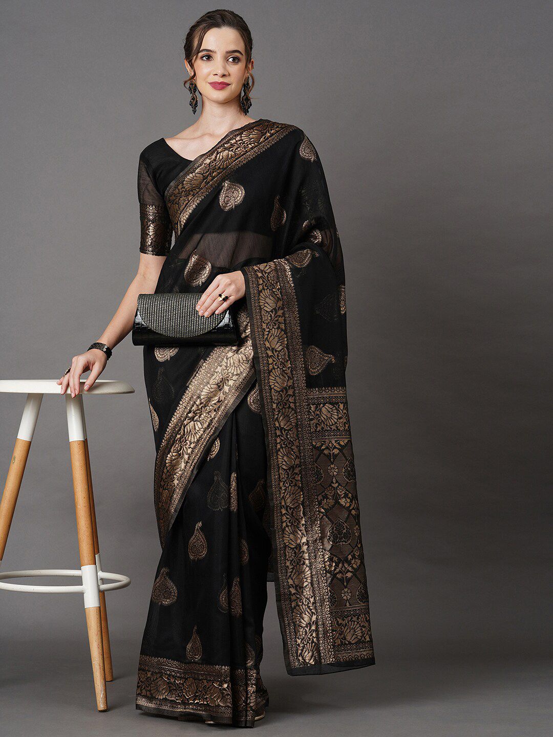 Mitera Black & Tan Woven Design Linen Blend Banarasi Saree Price in India
