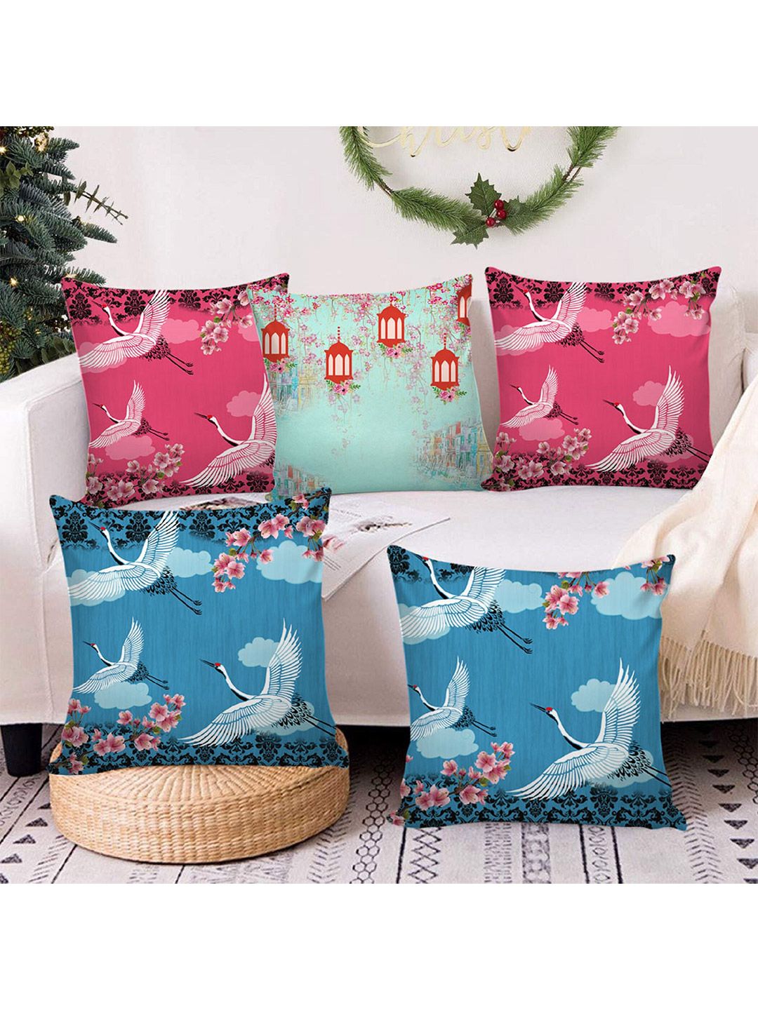 AEROHAVEN Blue & Pink Set of 5 Ethnic Motifs Square Cushion Covers Price in India