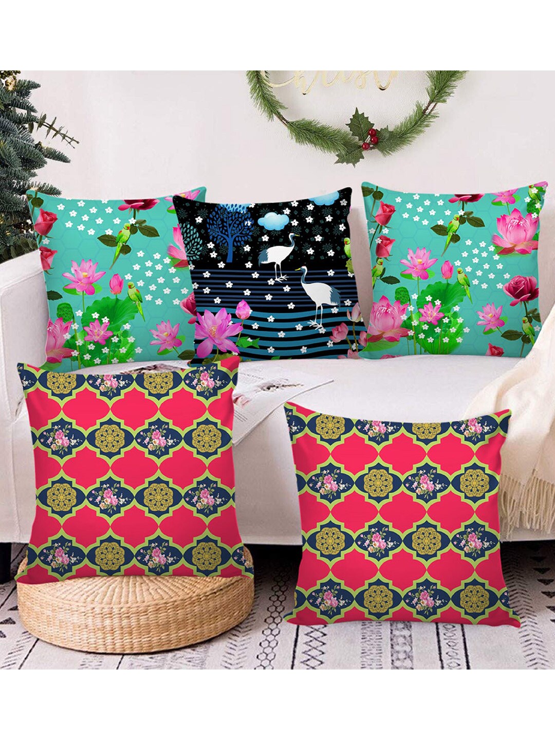 AEROHAVEN Green & Red Set of 5 Ethnic Motifs Square Cushion Covers Price in India