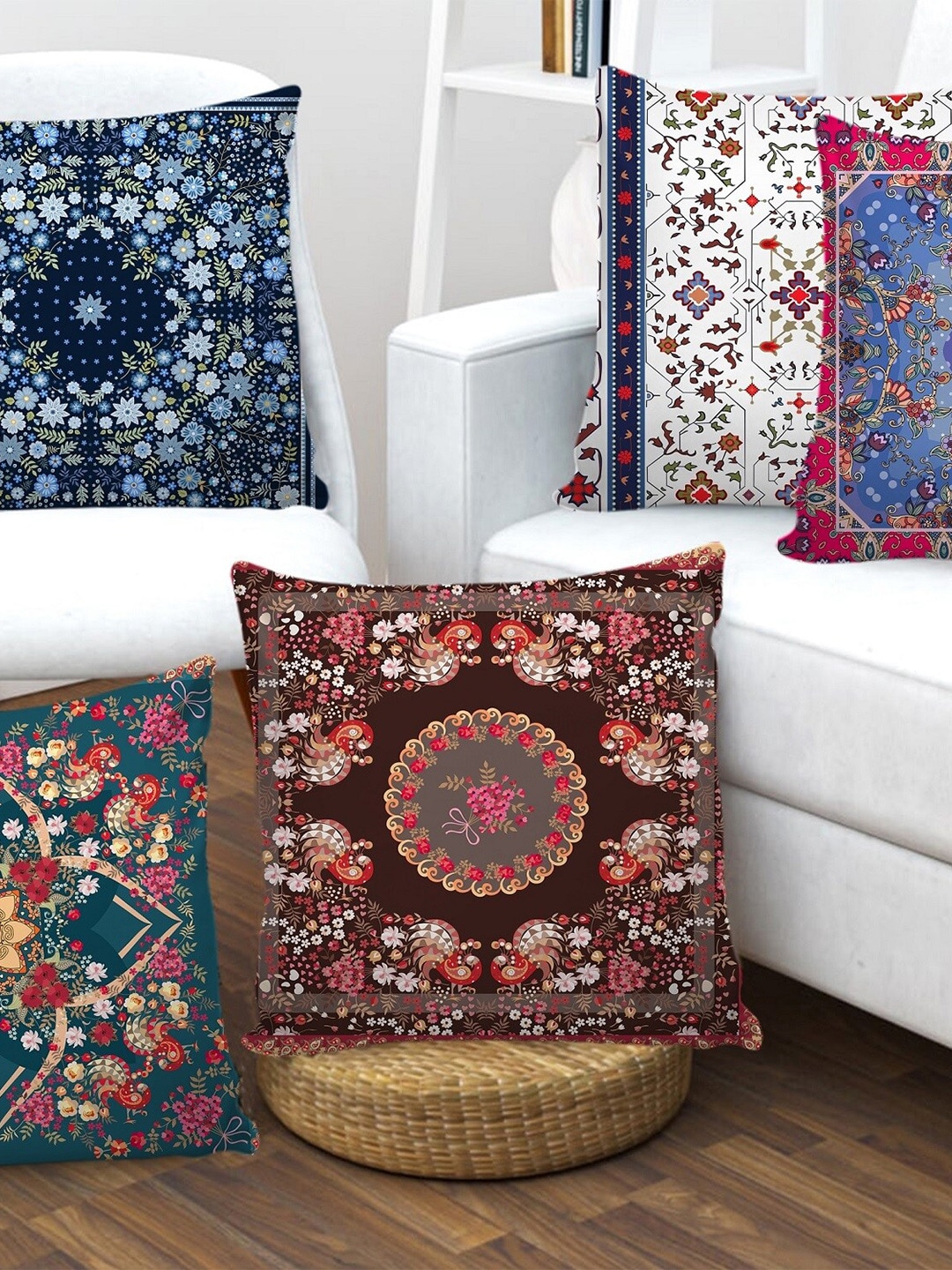 AEROHAVEN Brown & Green Set of 5 Ethnic Motifs Square Cushion Covers Price in India