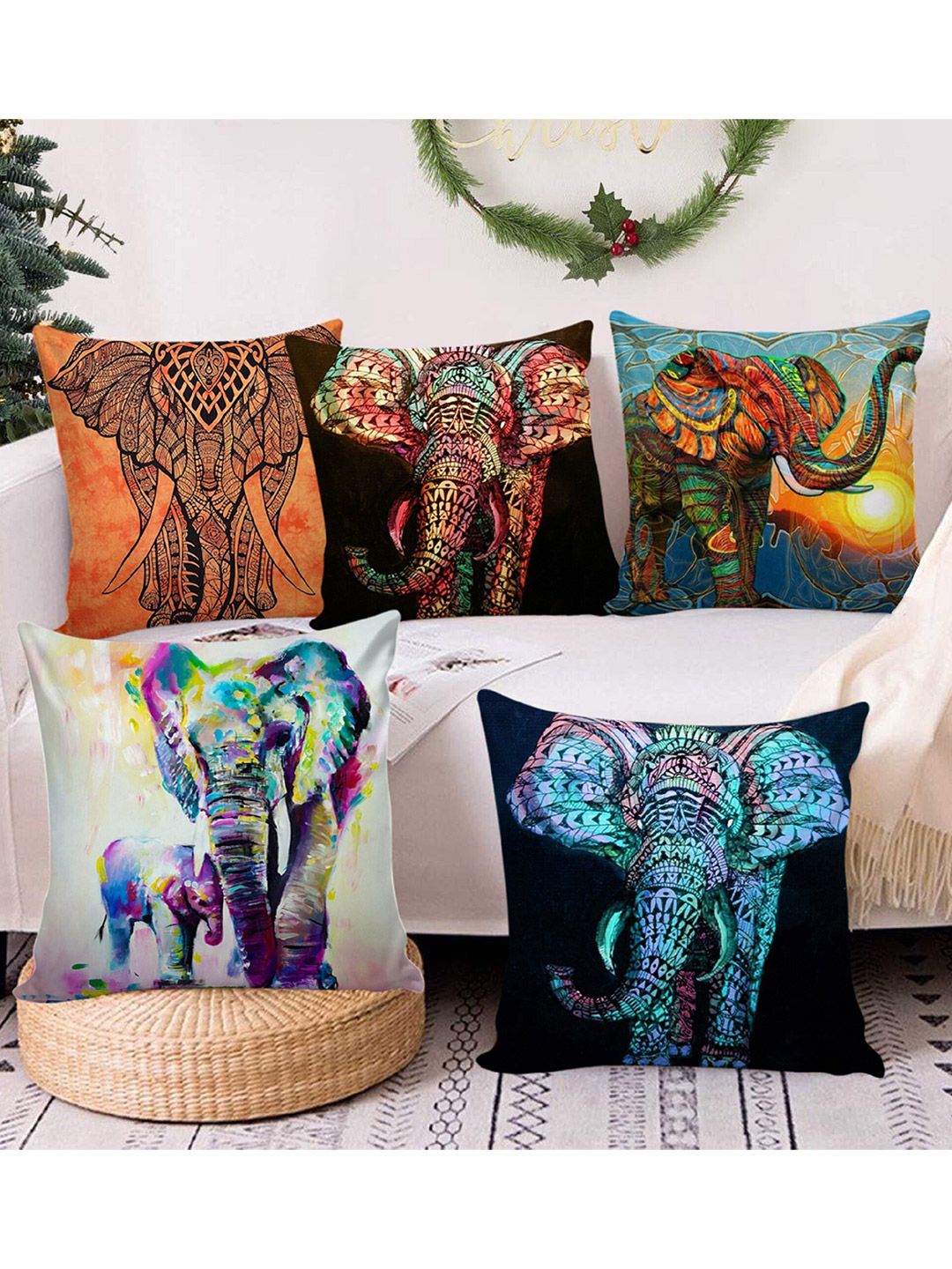 AEROHAVEN Set of 5 Blue & Black Elephant Printed Square Cushion Covers Price in India