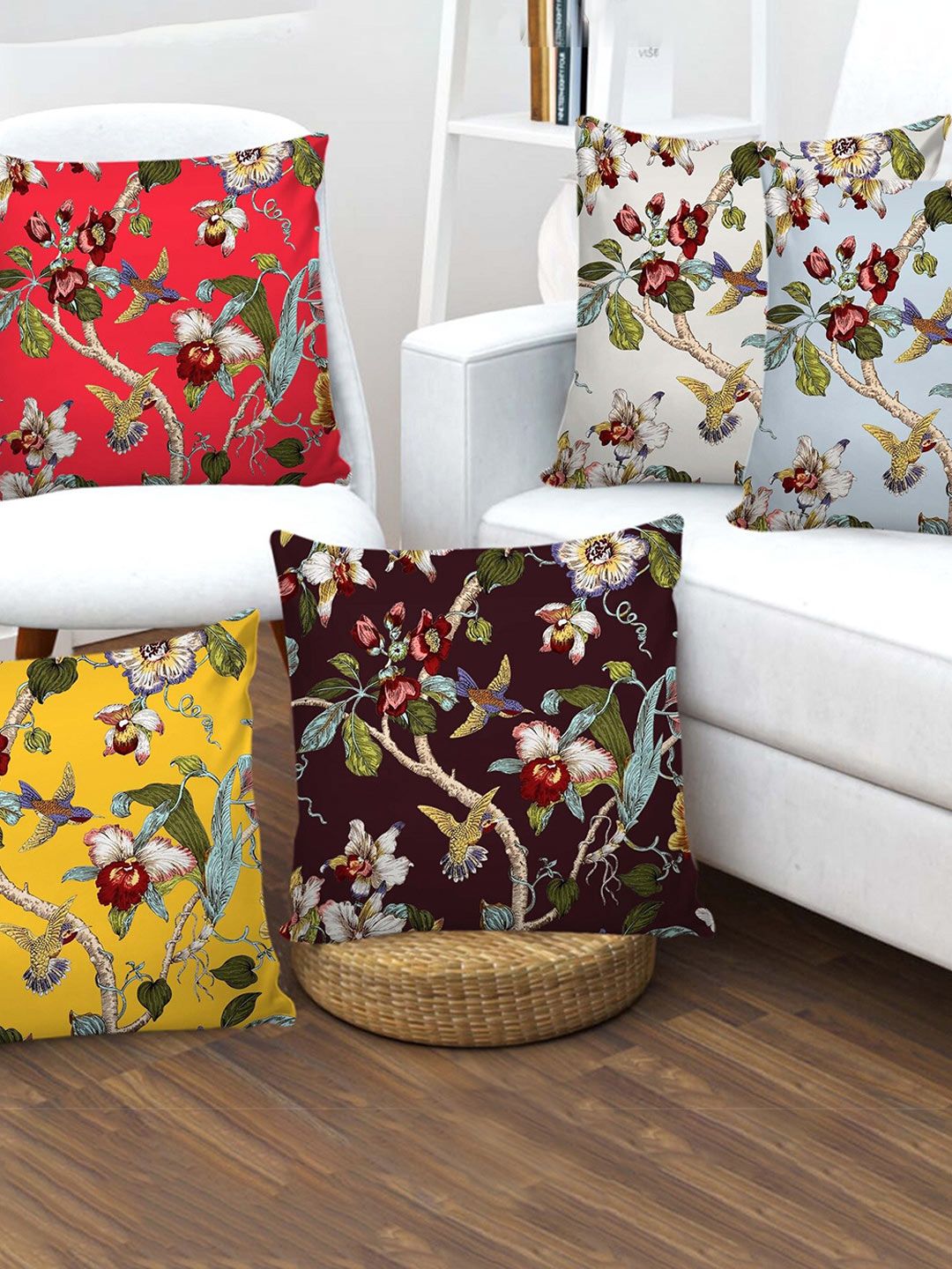 AEROHAVEN White & Yellow Set of 5 Floral Square Cushion Covers Price in India
