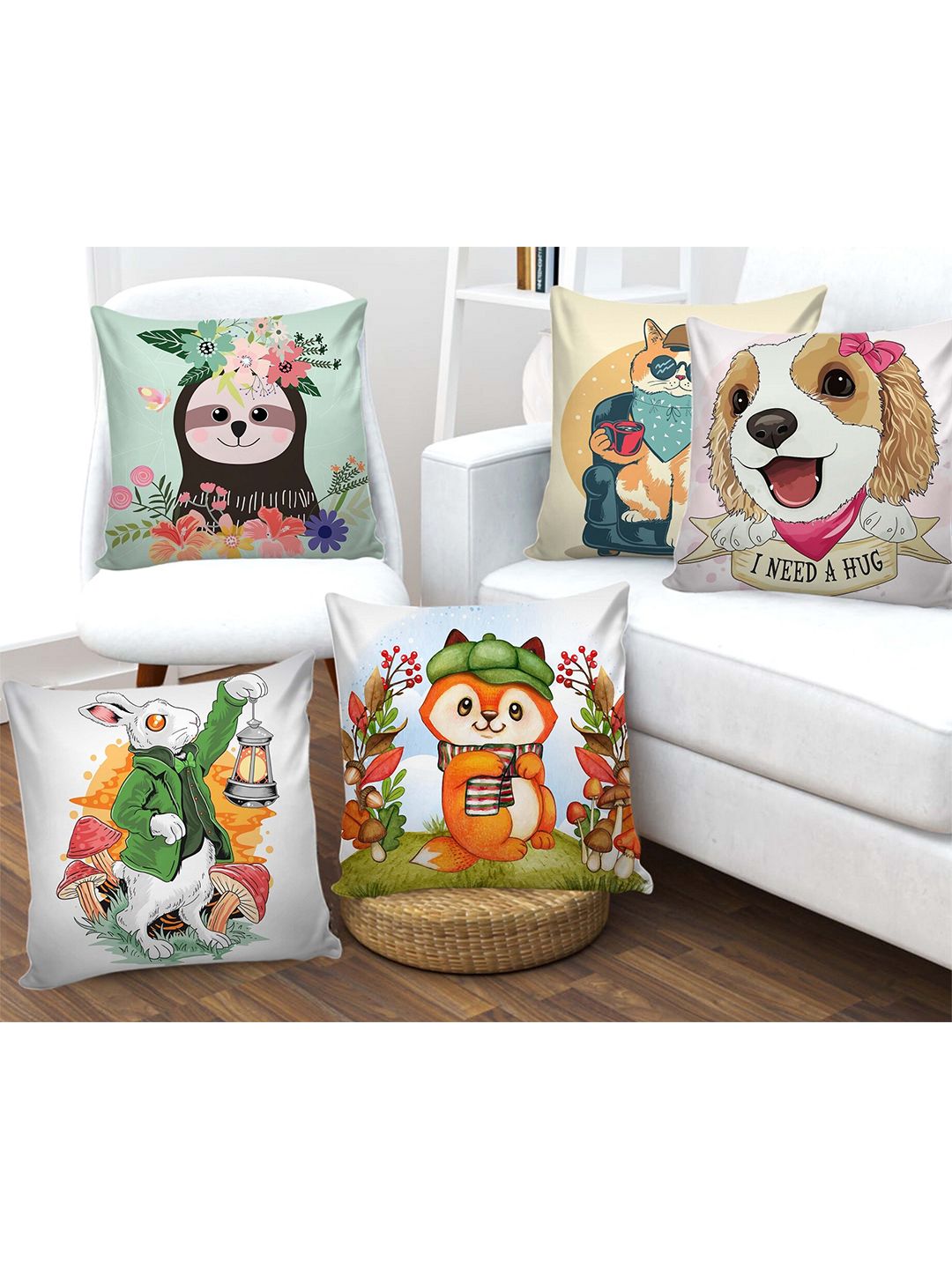 AEROHAVEN Set of 5 Cartoon Characters Square Cushion Covers Price in India