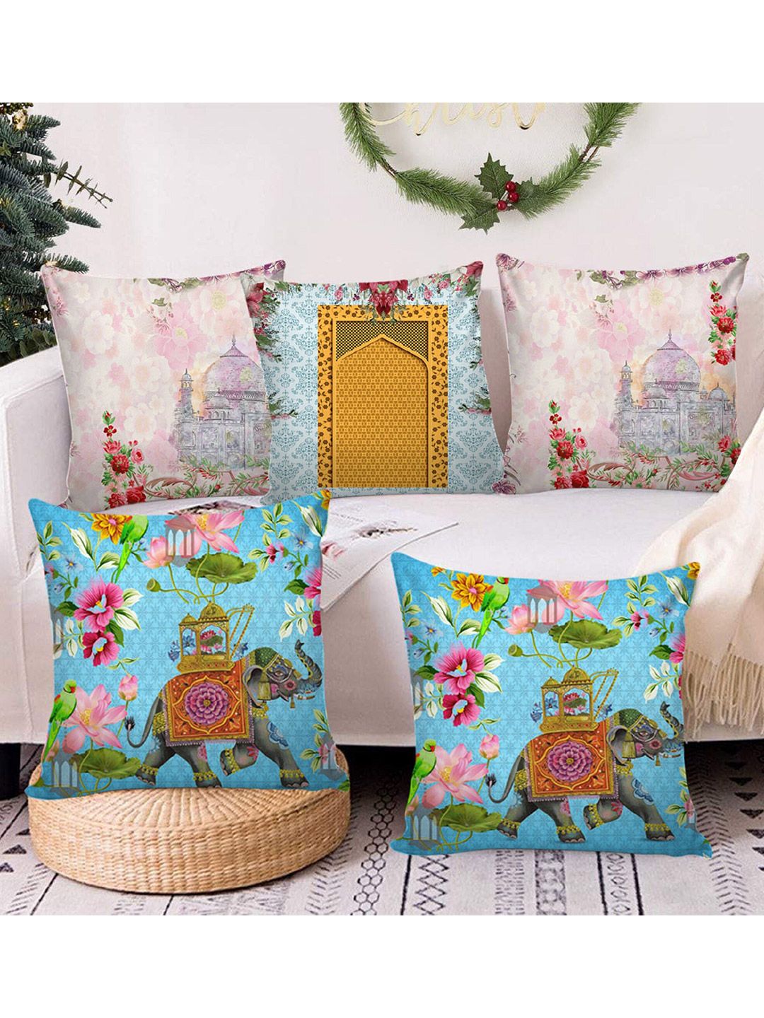 AEROHAVEN Blue & Pink Set of 5 Ethnic Motifs Square Cushion Covers Price in India