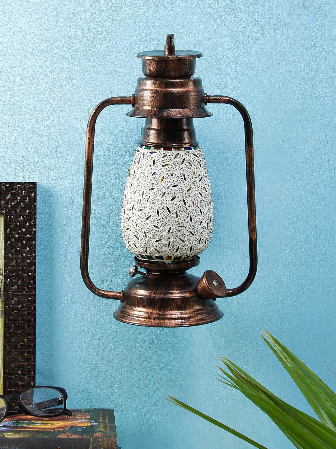 Devansh Copper-Toned & White Textured Glass Wall Mounted Lantern Price in India