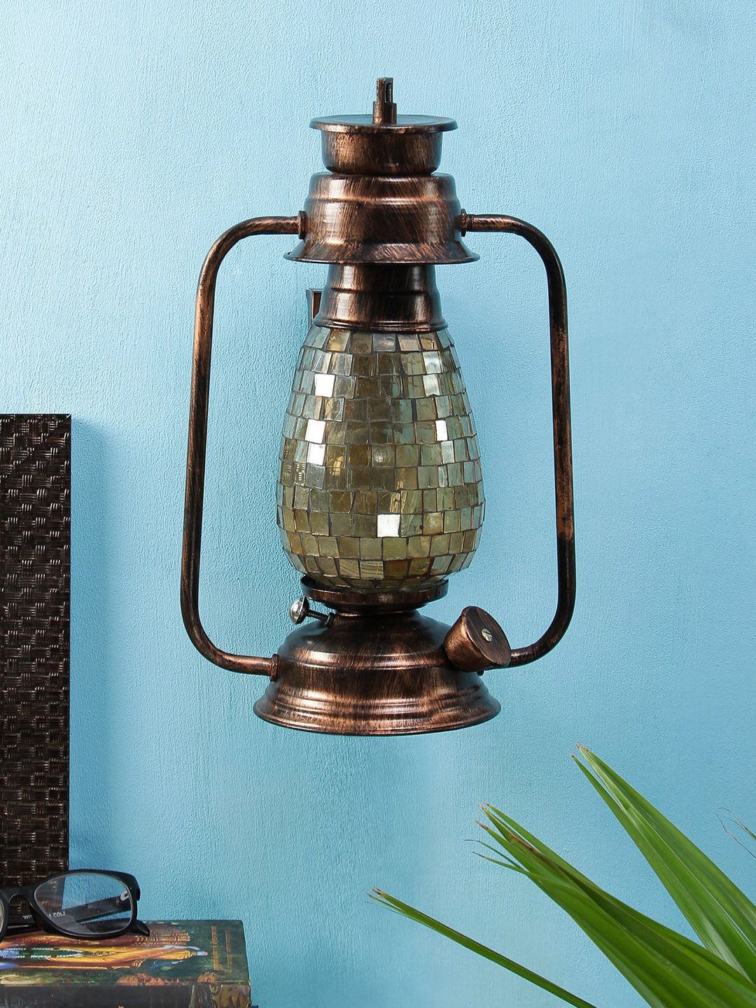 Devansh Copper & Gold-Toned Mosaic Glass Wall Mounted Lantern Price in India