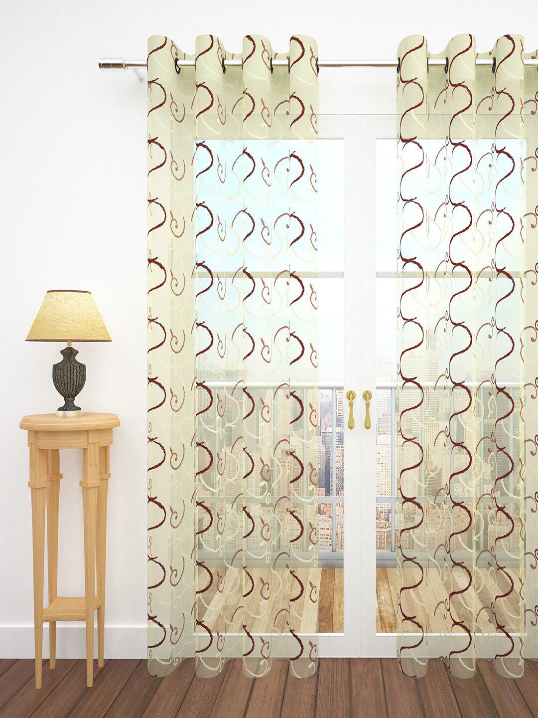 Story@home Beige & Maroon Embroidered Sheer Single Door Curtain Price in India