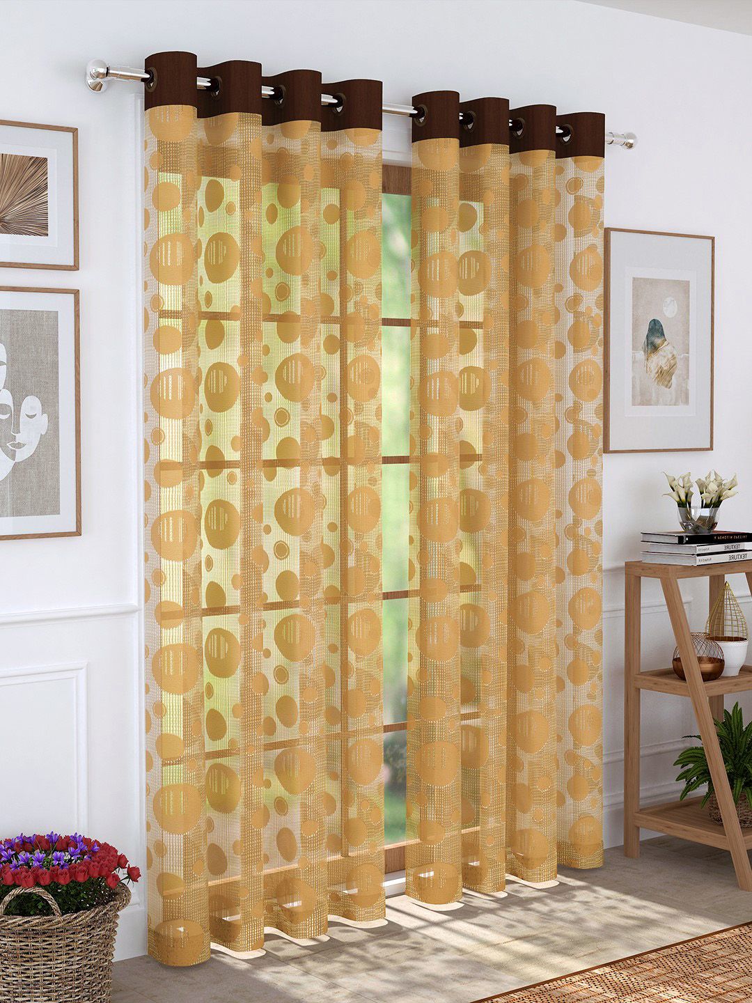 Story@home Brown Set of 2 Geometric Sheer Long Door Curtains Price in India